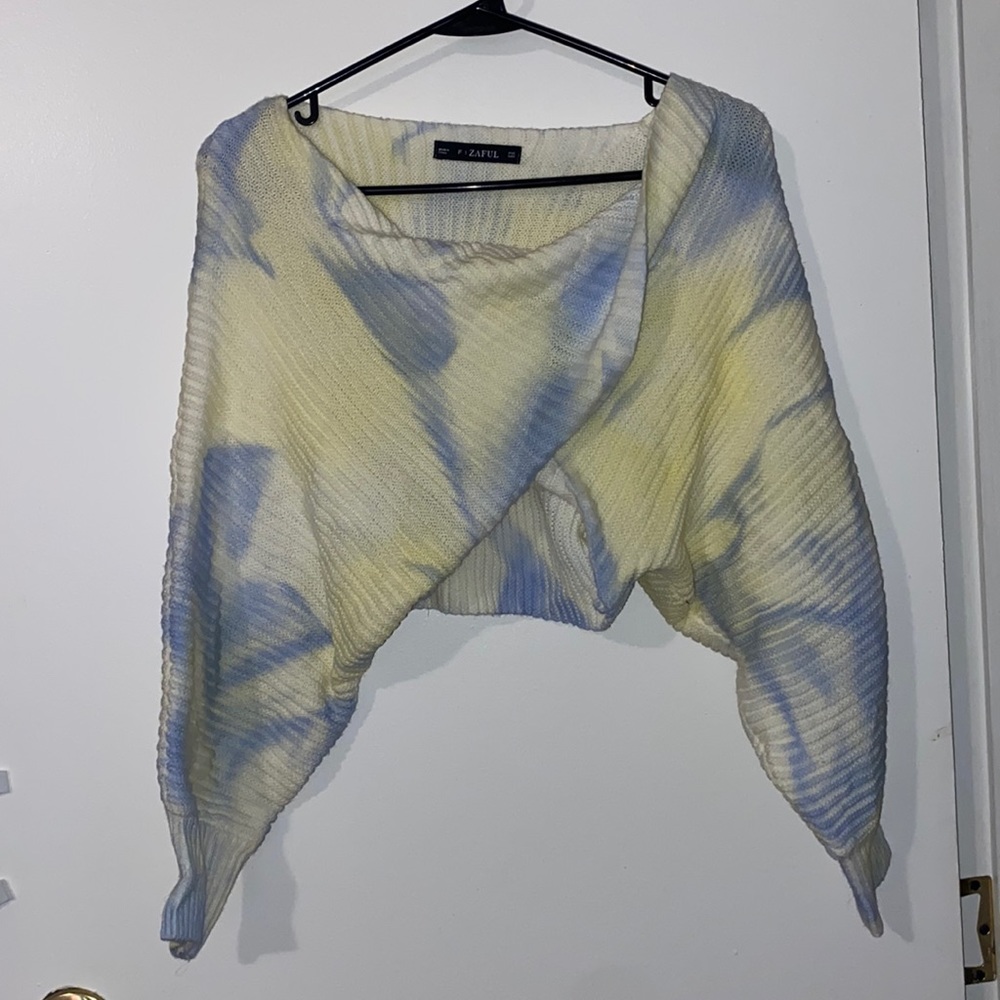 Zalful Yellow/Light Blue Tie Dye Knit Twist Draped Crop Sweater (OS)